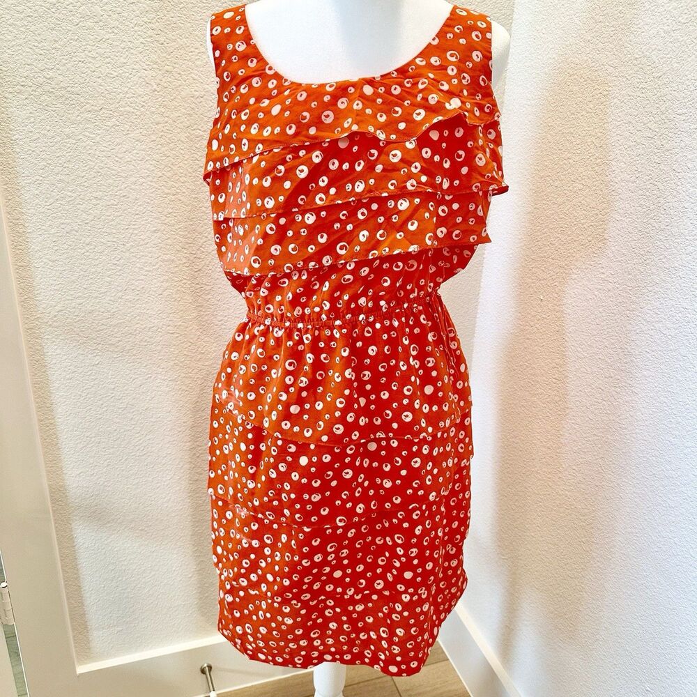 JULIAN TAYLOR Orange White Dot Sleeveless Dress Sz 12 Asymmetrical Layered Look